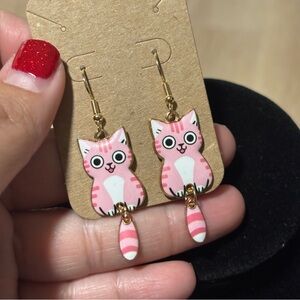 Cute Pink Happy Cat Dangle Tail, Hook Earrings - Super Cute Kitty Cat Earrings